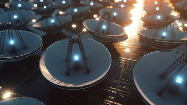 Mikro devreler ve uydu çanaklarıyla kaplı büyük bir teknolojik yüzey. Bilgi aktarımı konsepti. 3d illüstrasyon