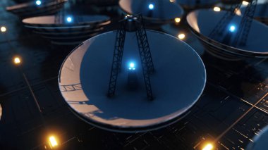 Mikro devreler ve uydu çanaklarıyla kaplı büyük bir teknolojik yüzey. Bilgi aktarımı konsepti. 3d illüstrasyon