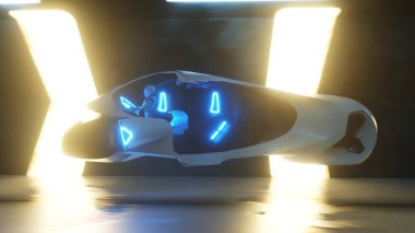 Uzun bir tünelde, gelecekten gelen bir arabanın direksiyonunda robot uçurmak. Yapay zeka ve gelecek konsepti. Yan görünüm 3d illüstrasyon