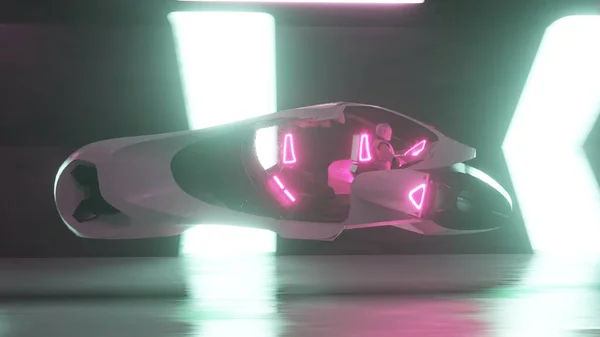 Att Flyga Robot Bakom Ratten Futuristisk Bil Lång Tunnel Artificiell — Stockfoto