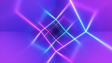 Koridorda lazer neon kıvrımlı sonsuz uçuş. Modern ultraviyole ışık. Mavi mor ışık tayfı. 3d illüstrasyon