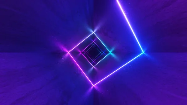 用激光霓虹灯曲线在走廊上不停地飞行 现代紫外线照明 蓝色紫光光谱 3D说明 — 图库照片