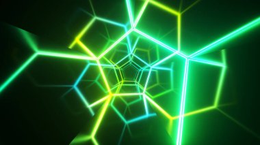 Koridorda lazer neon kıvrımlı sonsuz uçuş. Modern ultraviyole ışık. Mavi yeşil ışık tayfı. 3d illüstrasyon