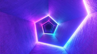 Koridorda lazer neon kıvrımlı sonsuz uçuş. Modern ultraviyole ışık. Mavi mor ışık tayfı. 3d illüstrasyon