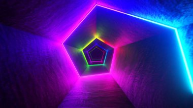 Koridorda lazer neon kıvrımlı sonsuz uçuş. Çok renkli 3d illüstrasyon