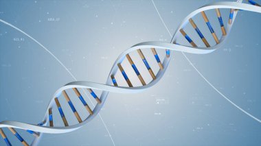 İnsan DNA 'sının yapısı bileşiklerin ve sayıların arka planına göre döner. Kavramsal bilim teknolojisi 3D illüstrasyon