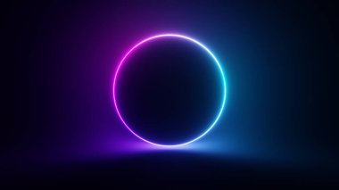 Soyut dairesel neon arkaplan. Flüoresan parlayan neon yanıp sönen ışık gradyanı. 3d illüstrasyon