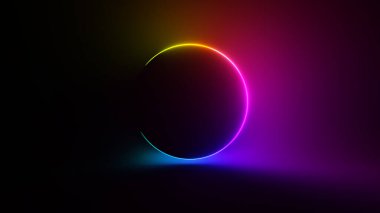 Soyut dairesel neon arkaplan. Flüoresan parlayan neon ışığı gradyanı. 3d illüstrasyon