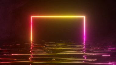 Parlak neon bir çerçeve suda neon ışık tayfı ile parıldıyor. Dumanlı bir arka plan. 3d illüstrasyon
