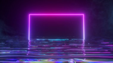 Parlak neon bir çerçeve suda neon ışık tayfı ile parıldıyor. Dumanlı bir arka plan. 3d illüstrasyon