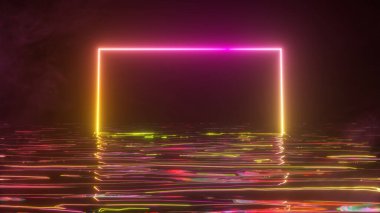 Parlak neon bir çerçeve suda neon ışık tayfı ile parıldıyor. Dumanlı bir arka plan. 3d illüstrasyon