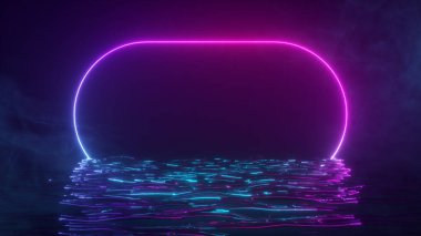 Parlak neon bir çerçeve suda neon ışık tayfı ile parıldıyor. Dumanlı bir arka plan. 3d illüstrasyon