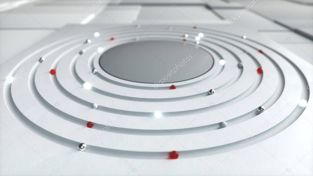 Abstract business background. Different spheres move in a circle in the center. Technological concept. 3d illustration