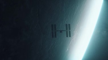 Uluslararası Uzay İstasyonu, uzayda Dünya 'nın yörüngesinde dönüyor. Milyonlarca yıldız ve Samanyolu. 3d hazırlayıcı