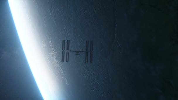 International Space Station ISS orbiting over planet Earth in outer space. Millions of stars and the milky way. 3d render — Stock Video