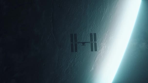 Estación Espacial Internacional ISS orbitando sobre el planeta Tierra en el espacio exterior. Millones de estrellas y la Vía Láctea. 3d renderizar — Vídeo de stock