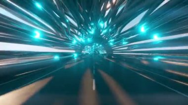 Bir yolu olan fütüristik bir fiber optik tünelde uçmak. Gelecek teknolojileri konsepti. İş geçmişi. Hoş doğal ışıklandırma. Kusursuz 3D döngü oluşturucu