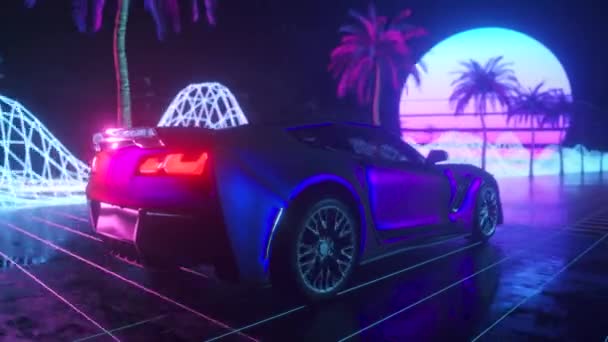 80s retro achtergrond 3d animatie. Futuristische auto rijdt door neon abstracte ruimte. Retrowave naadloos lus 3d renderen. — Stockvideo