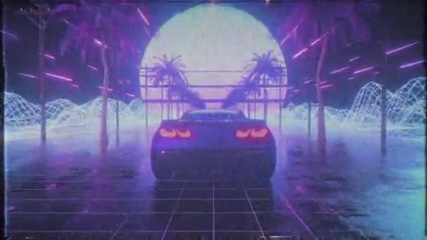 VHS効果を持つ80年代レトロな背景3Dアニメーション。ネオン抽象的な空間を通して未来的な車のドライブ。リードシームレスループ3Dレンダリング. — ストック動画