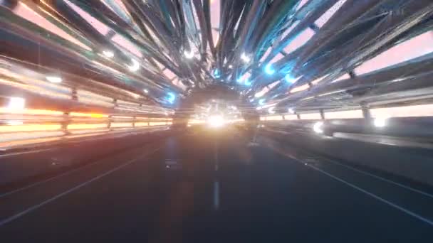 在有公路的未来光纤隧道中飞行。未来的技术概念。商业背景。愉快的自然光。技术连接。无缝圈3D渲染 — 图库视频影像