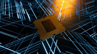 Milyonlarca bağlantısı ve sinyali olan bir bilgisayar işlemcisi. Teknoloji Cpu geçmişi. Çipin nabzı ve sinyalleri ana kartta yayılıyor. 3d illüstrasyon