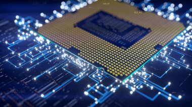 Milyonlarca bağlantısı ve sinyali olan bir bilgisayar işlemcisi. Teknoloji Cpu geçmişi. Çipin nabzı ve sinyalleri ana kartta yayılıyor. 3d illüstrasyon