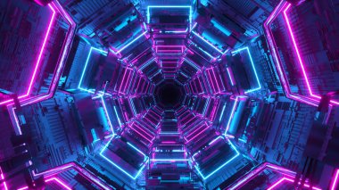 Geleceğin sonsuz koridoru. - Uzay gemisi. Neon ışıkları. Tünelde uçuyor. 3d illüstrasyon