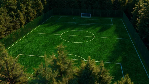 Football field in the middle of the forest top view. Simulated aerial photography. Realistic 3d illustration