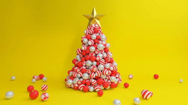 在明亮的五彩斑斓的黄色背景上 一棵圣诞树上的圣诞球在动态地生长着 3D说明 — 图库照片