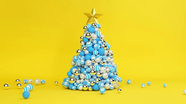 在明亮的五彩斑斓的黄色背景上 一棵圣诞树上的圣诞球在动态地生长着 3D说明 — 图库照片