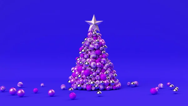 一棵树上的圣诞球在明亮的蓝色背景上动态地生长着 3D说明 — 图库照片
