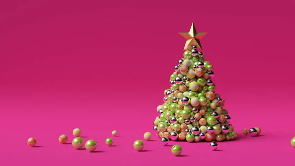 一棵树上的圣诞球在明亮的粉红色背景上充满活力地生长着 3D说明 — 图库照片