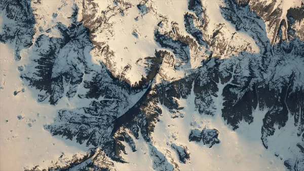 Vista aérea de una cordillera nevada, con un camino sinuoso. Vista desde arriba. Paisaje natural 3d ilustración —  Fotos de Stock