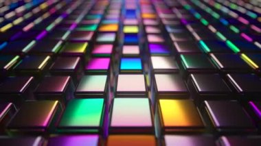 Neon ışıklı küplerle soyut 3D görüntüleme. Güzel dalga görüntüleri. Violet küreleri karanlık arka plandaki dalgalar gibi hareket ediyor. Kusursuz döngü canlandırması