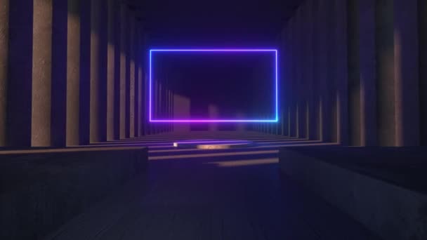 Ljus neonram mitt i ett betongmuseum i sten. Uppfattat utrymme. Modernt ljusspektrum. Arkitektonisk neon animation bakgrund — Stockvideo