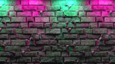 Neon ışıklı boş tuğla duvar, kopyalama alanı. Duvarın arka planında ışık efekti. Modern ışık tayfı. Boş arkaplan. Kusursuz 3D döngü oluşturucu.