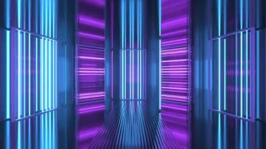 Neon arka plan. Mor ve mavi neon arka plan görünür ve kaybolur. Parlak neon arka plan. Metalik oda.