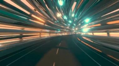 Bir yolu olan fütüristik bir fiber optik tünelde uçmak. Gelecek teknolojileri konsepti. İş geçmişi. Hoş doğal ışıklandırma. Kusursuz 3D döngü oluşturucu
