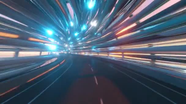 Volando en un túnel futurista de fibra óptica con una carretera. Concepto de tecnologías futuras. Antecedentes. Agradable iluminación natural. Lazo inconsútil 3d render — Vídeos de Stock
