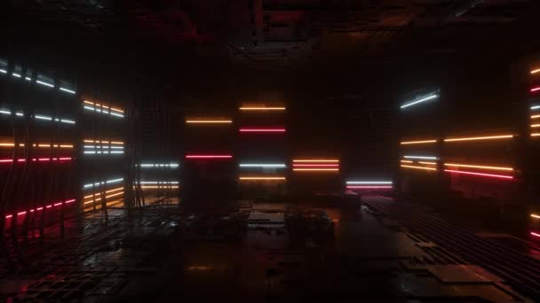 Neon achtergrond. Oranje en rood neon achtergrond verschijnt en verdwijnt. Heldere levendige neon achtergrond. Technologische ruimte. Een kamer. 3D-animatie — Stockvideo