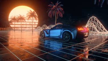 80 'lerin geçmişe dönük 3D illüstrasyon. Fütürist araba sürüşü neon soyut uzayda.