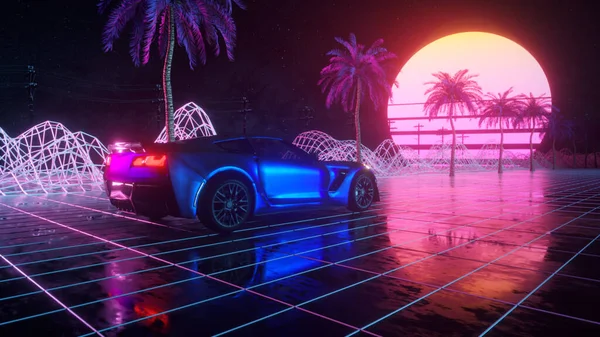 80年代背景3D插图 未来派汽车穿过霓虹灯的抽象空间 — 图库照片