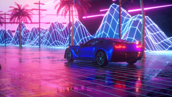 80年代背景3D插图 未来派汽车穿过霓虹灯的抽象空间 — 图库照片