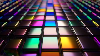 Neon ışıklı küplerle soyut 3D görüntüleme. Güzel dalga görüntüleri. Violet küreleri karanlık arka plandaki dalgalar gibi hareket ediyor. 3d illüstrasyon