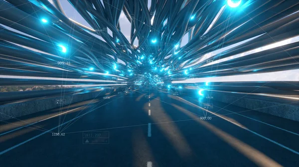 道路と未来的な光ファイバートンネルを飛んでいます 将来の技術コンセプト ビジネスの背景 快適な自然光 技術的なつながり 3Dイラスト — ストック写真