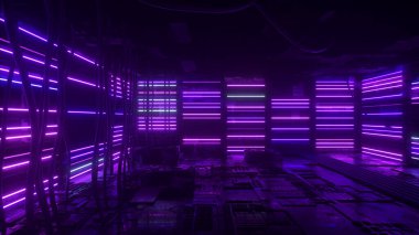 Neon arka plan. Mor ve mavi neon arka plan görünür ve kaybolur. Parlak neon fon. Teknolojik alan. Oda. 3d illüstrasyon
