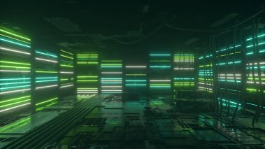 Neon arka plan. Yeşil ve mavi neon arka plan görünür ve kaybolur. Parlak neon fon. Teknolojik alan. Oda. 3d illüstrasyon