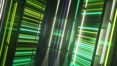 Metal bir odada parlak neon ışıklar. Modern floresan ışığı. Yeşil sarı neon tayfı. 3d illüstrasyon