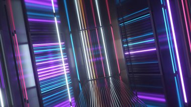 Metal bir odada parlak neon ışıklar. Modern floresan ışığı. Mavi menekşe neon tayfı. 3d illüstrasyon