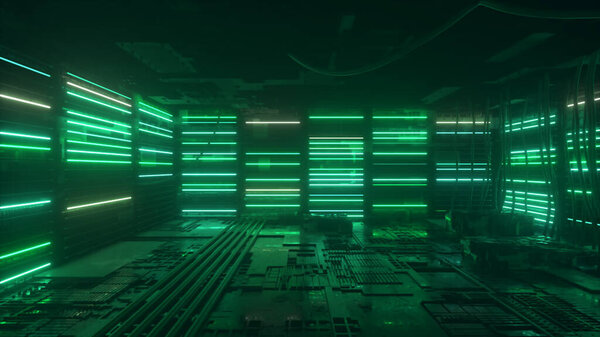 Неоновый фон. Появляется и исчезает зеленый и синий неоновый фон. Яркий яркий неоновый фон. Технологическое пространство. Комната. 3d иллюстрация